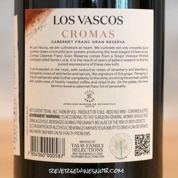 2021 Los Vascos Cromas Gran Reserva Cabernet Franc BAck Label