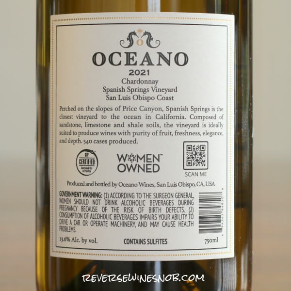 2021 Oceano Spanish Springs Vineyard Chardonnay Back Label