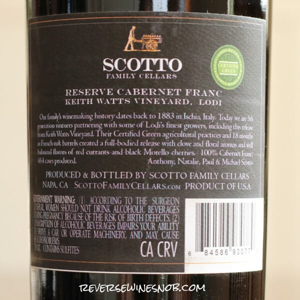 2021 Scotto Family Cellars Reserve Cabernet Franc back label