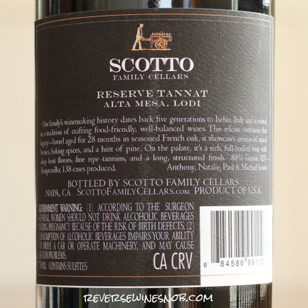 2022 Scotto Family Cellars Reserve Tannat back label