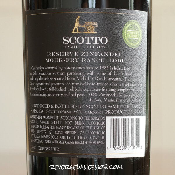 2020 Scotto Cellars Reserve Zinfandel back label