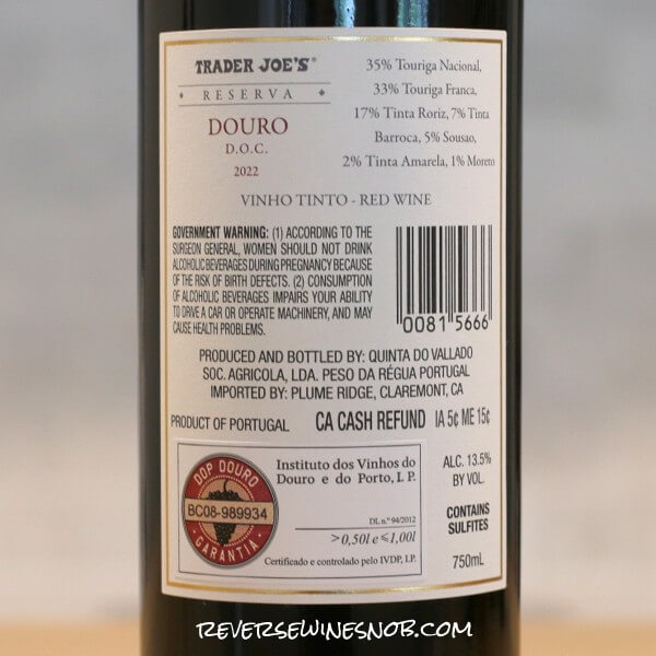 2022 Trader Joe's Reserva Douro Lot #266 Back Label