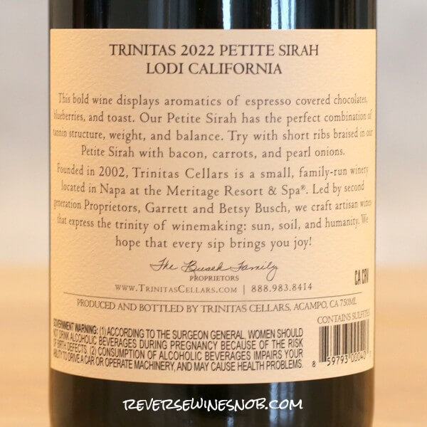 2022 Trinitas Petite Sirah Back Label