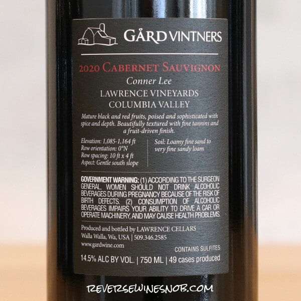 2020 Gard Collection Series Conner Lee Vineyard Cabernet Sauvignon Back Label