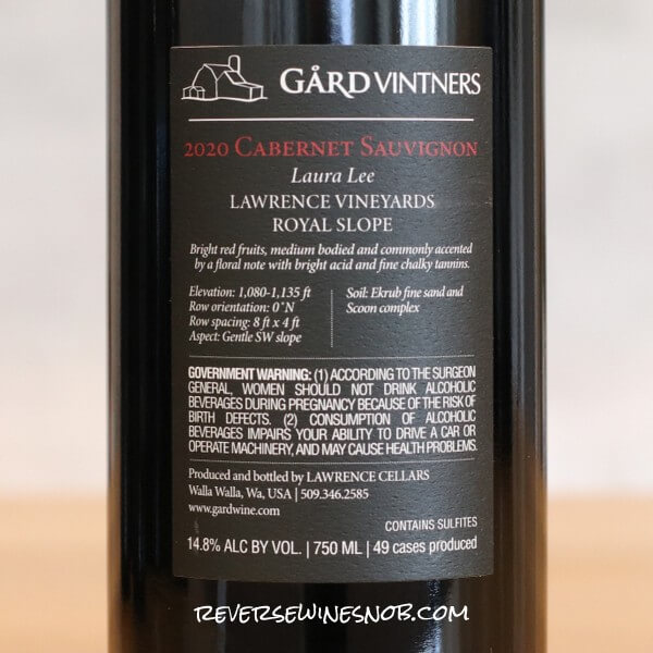 2020 Gard Collection Series Laura Lee Vineyard Cabernet Sauvignon Back Label