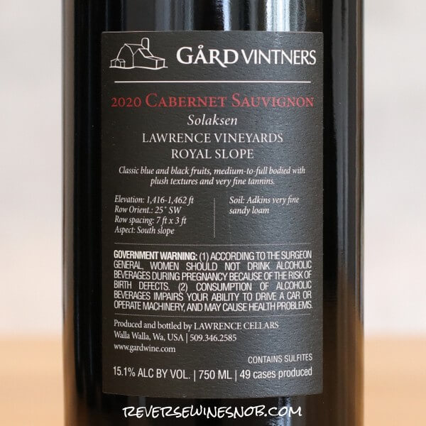 2020 Gard Collection Series Solaksen Vineyard Cabernet Sauvignon Back Label