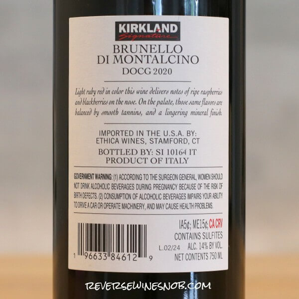 2020 Kirkland Signature Brunello di Montalcino DOCG Back Label