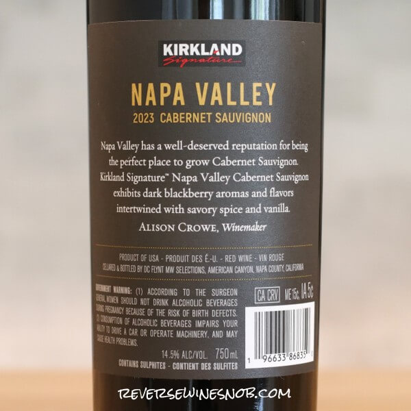 2023 Kirkland Signature Napa Valley Cabernet Sauvignon Back Label