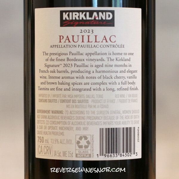 2023 Kirkland Signature Pauillac Back Label
