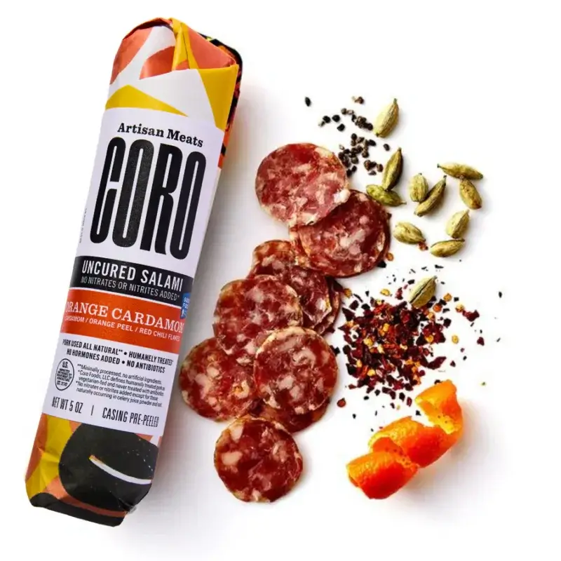 Coro Salami - Orange Cardamom (Agrumi) Salami with cardamom, orange peel and red chili flakes.