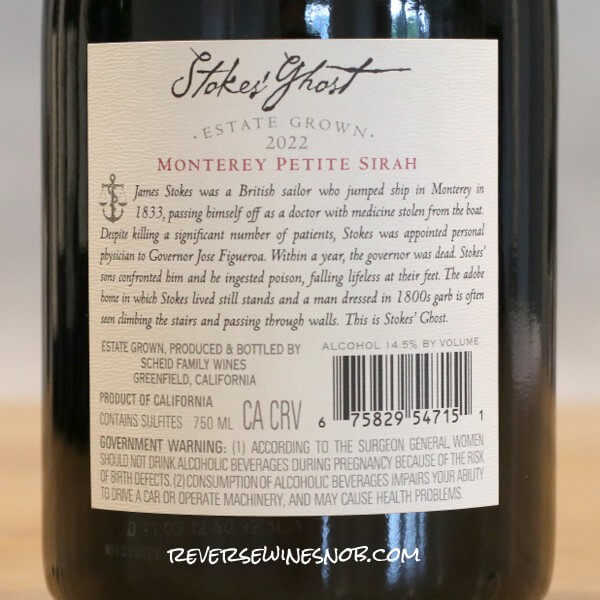 2022 Stoke's Ghost Petite Sirah Back Label