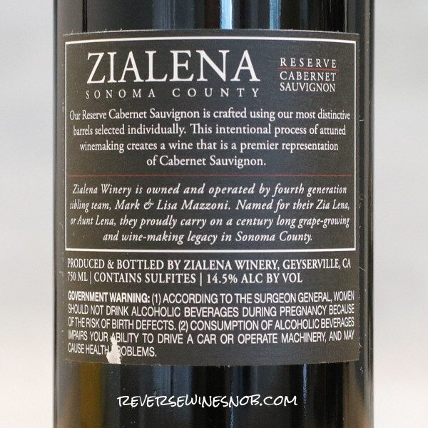 2020 Zialena Reserve Cabernet Sauvignon Back Label