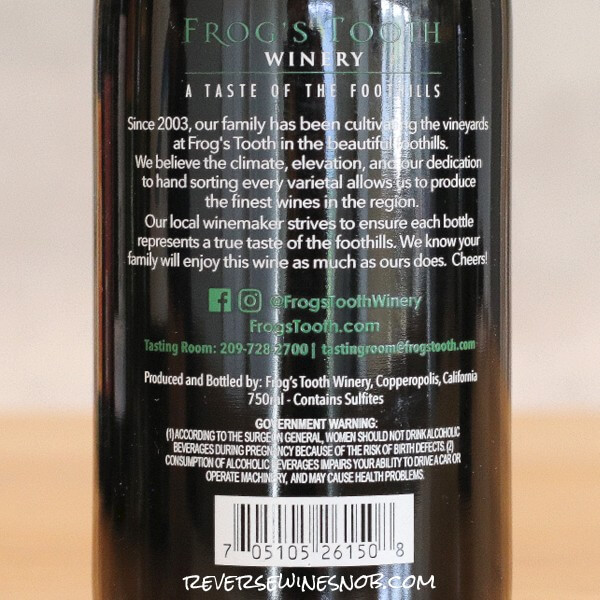 2021 Frog’s Tooth Petite Sirah Back Label