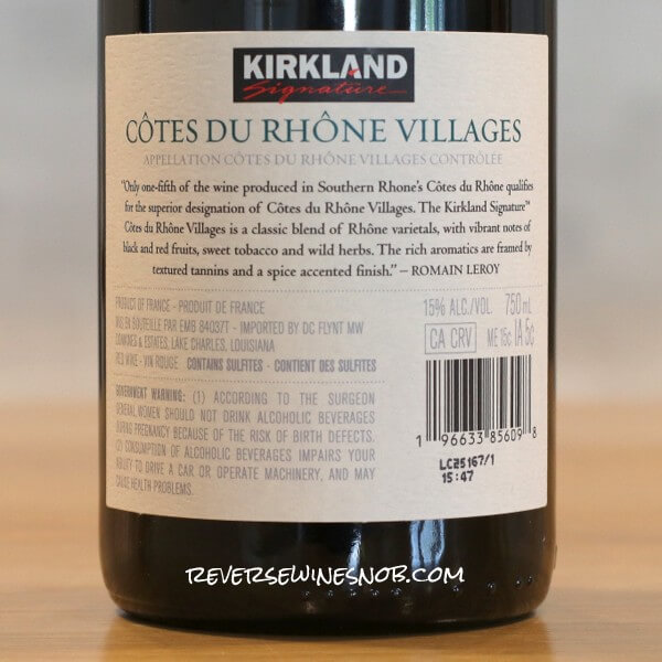 2024 Kirkland Signature Cotes du Rhone Villages Back Label