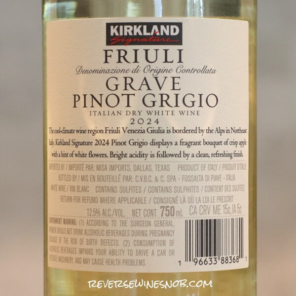 Kirkland Signature Friuli Grave Pinot Grigio Back Label