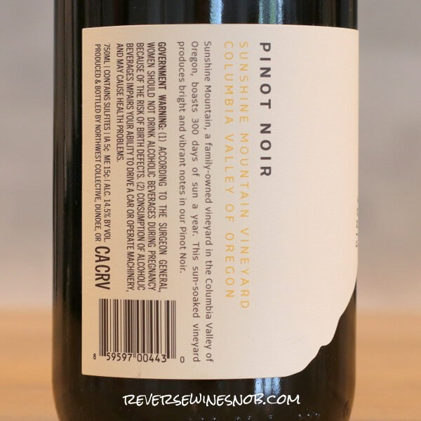 2023 Sunshine Mountain Vineyard Pinot Noir Back Label
