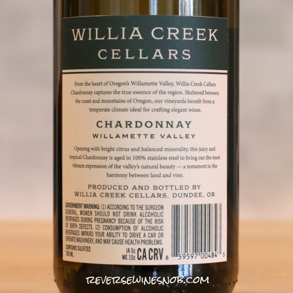 2023 Willia Creek Cellars Chardonnay Back Label