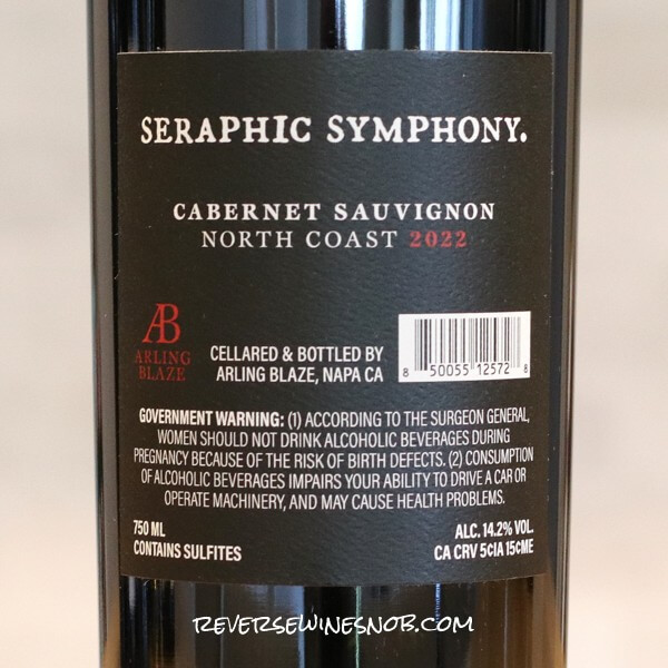 2022 Arling Blaze Seraphic Symphony Cabernet Sauvignon Back Label