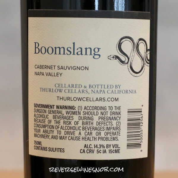 Boomslang Napa Valley Cabernet Sauvignon by Thurlow Cellars Back Label