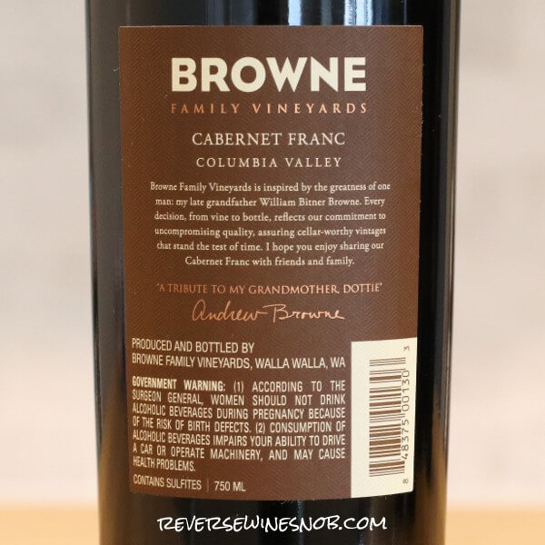 2017 Browne Family Vineyards Cabernet Franc Back Label