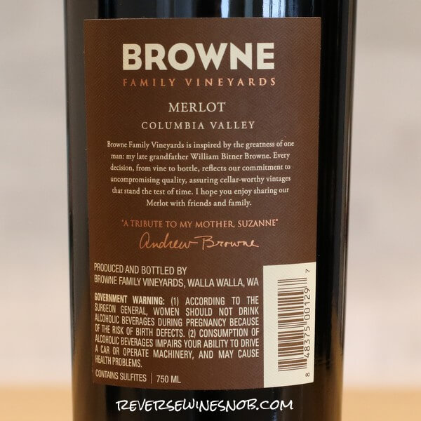 2017 Browne Family Vineyards Merlot Back Label
