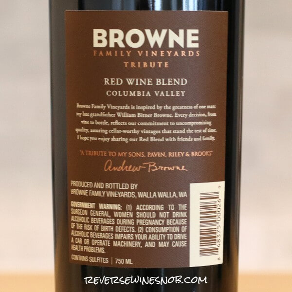 2018 Browne Family Vineyards Tribute Red Blend Back Label