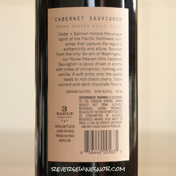 2021 Cedar + Salmon Cabernet Sauvignon Back Label