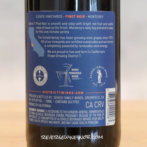 2023 District 7 Pinot Noir Back Label