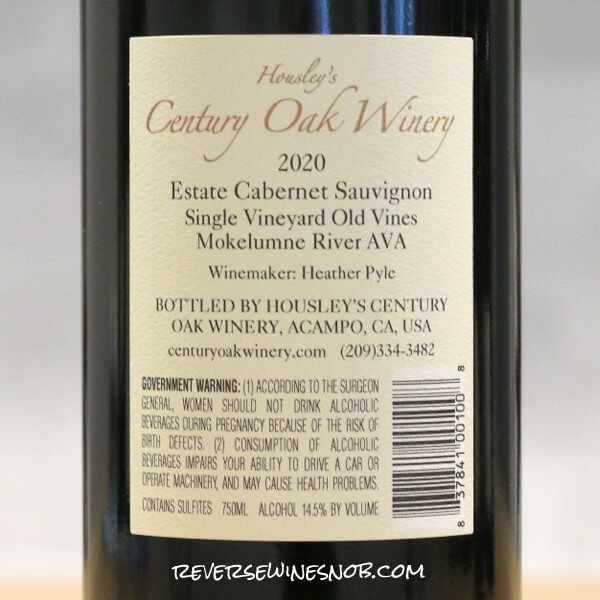 2020 Housley's Century Oak Winery Judy's Vineyard Cabernet Sauvignon Back Label