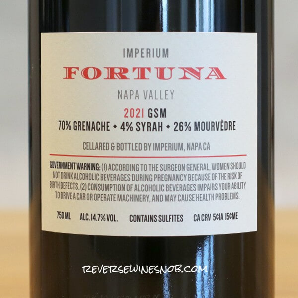 2021 Imperium Fortuna Napa Valley GSM Back Label