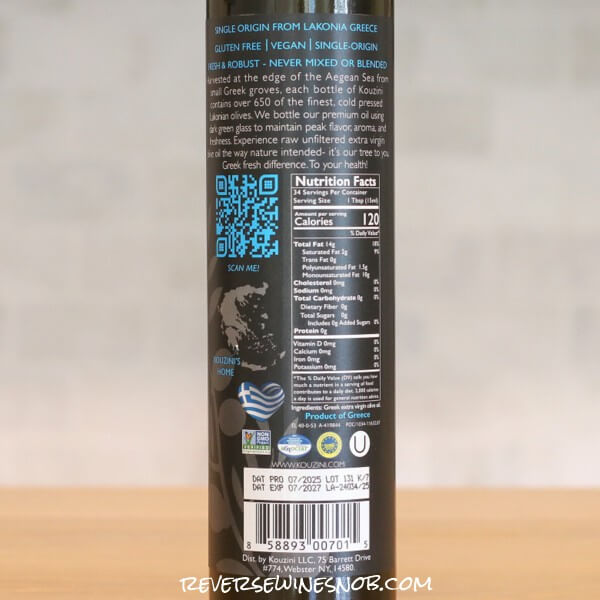 Kouzini Raw Unfiltered Greek Ultra Premium Extra Virgin Olive Oil Back Label