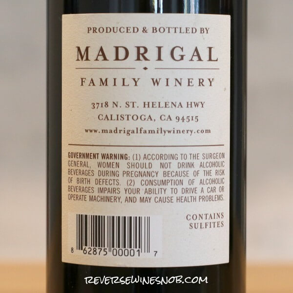 2019 Madrigal Napa Valley Zinfandel Back Label
