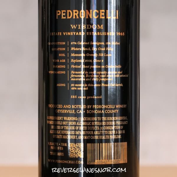 2021 Pedroncelli Wisdom Cabernet Sauvignon Back Label