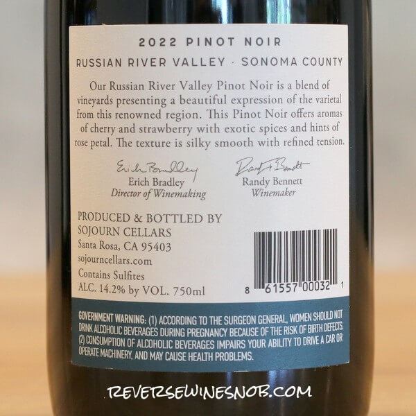 2022 Sojourn Cellars Russian River Valley Pinot Noir Back Label