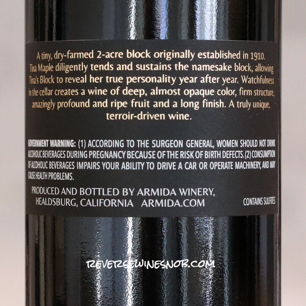 2021 Armida Tina's Block Zinfandel Back Label