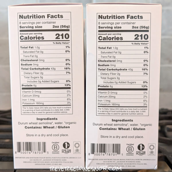 Bona Furtuna Pastas Nutrition