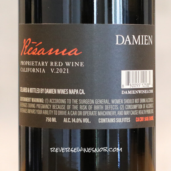 2021 Damien Resama Proprietary Red Wine Back Label