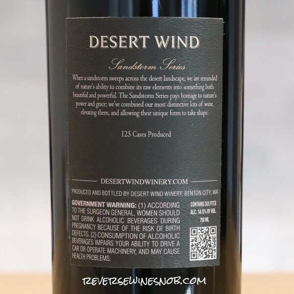 2018 Desert Wind Sandstorm Series Cabernet Sauvignon Back Label