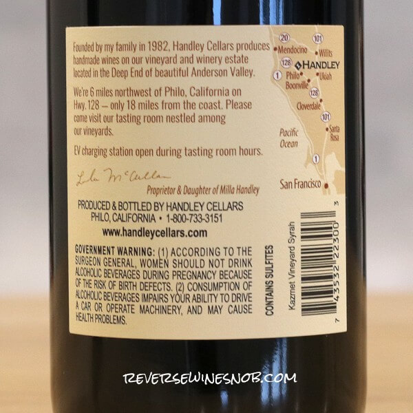 2021 or 2022 Handley Kazmet Vineyard Syrah Back Label