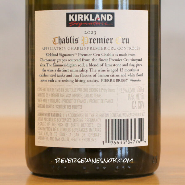 2023 Kirkland Signature Premier Cru Chablis Back Label