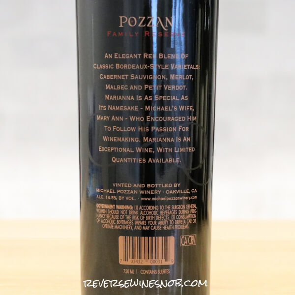 2022 Michael Pozzan Family Reserve Marianna Napa Valley Red Back Label