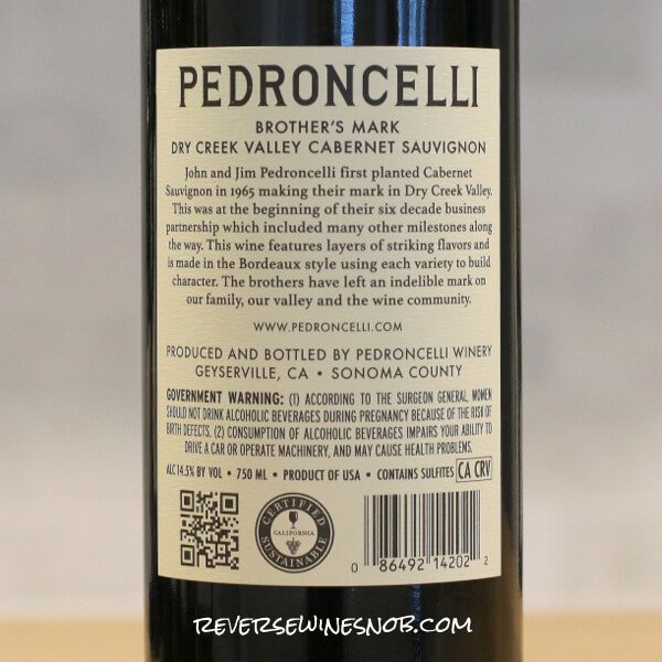2023 Pedroncelli Brother's Mark Cabernet Sauvignon Back Label