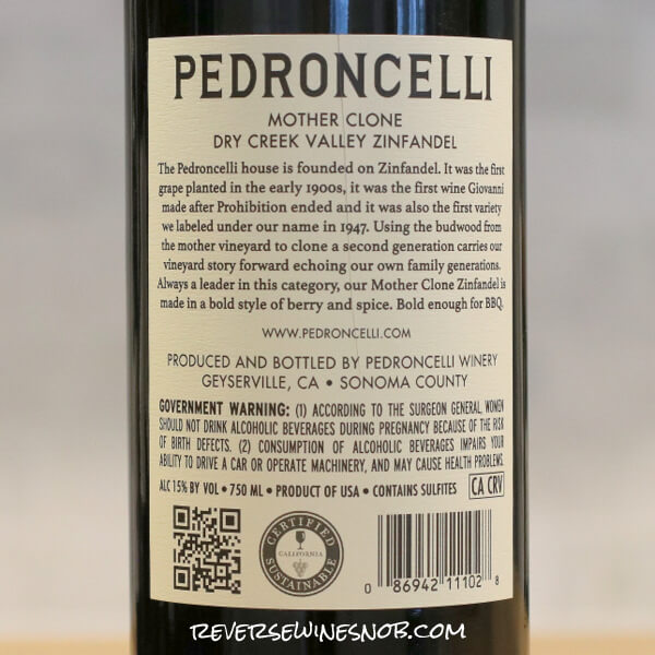 2023 Pedroncelli Mother Clone Zinfandel Back Label