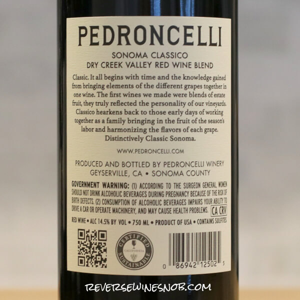 2023 Pedroncelli Sonoma Classico Back Label