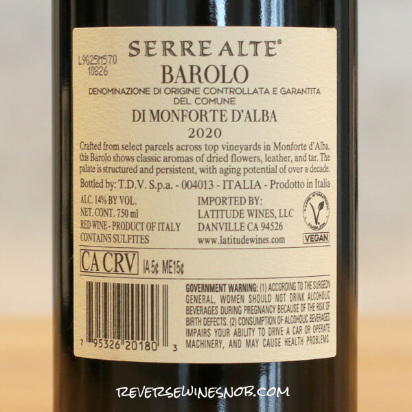2020 Serre Alte Barolo di Monforte d'Alba Back Label