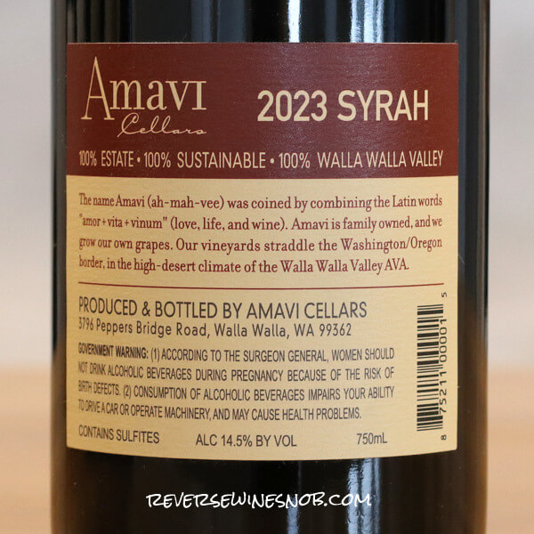 2023 Amavi Cellars Syrah Back Label