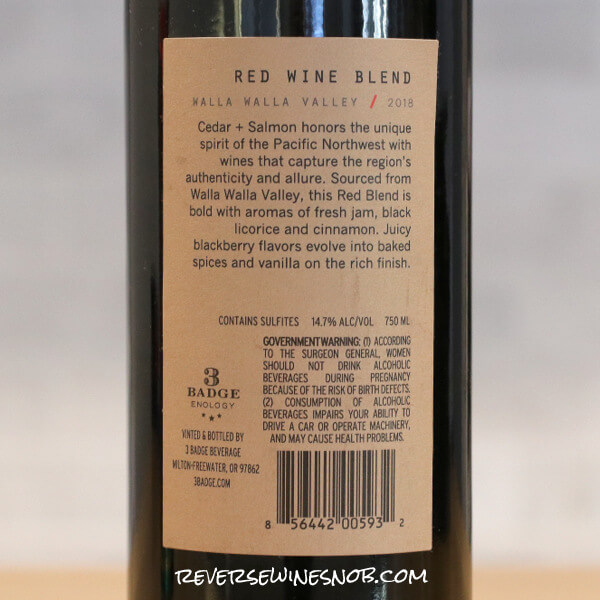 2018 Cedar + Salmon Red Blend Back Label