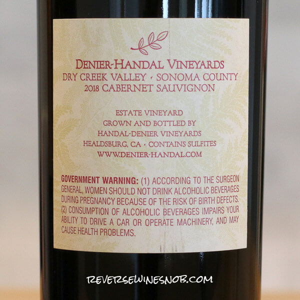2018 Denier-Handal Dry Creek Valley Cabernet Sauvignon Back Label