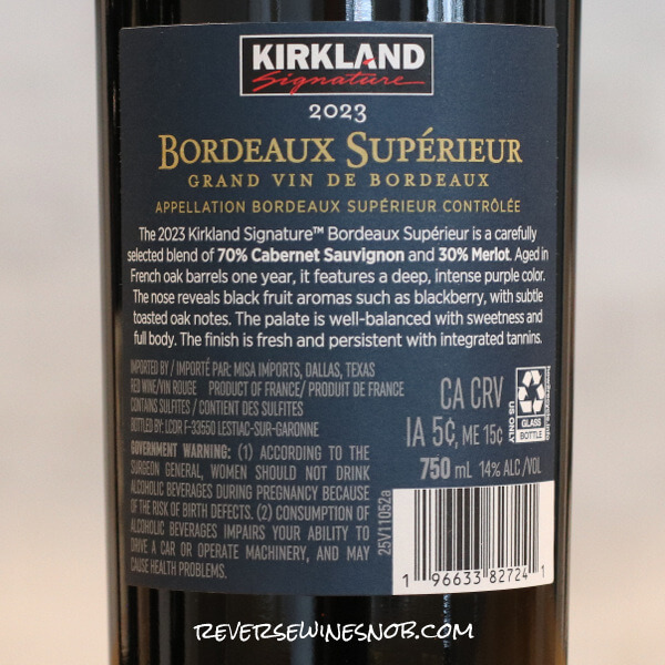 2023 Kirkland Signature Bordeaux Superieur Back Label