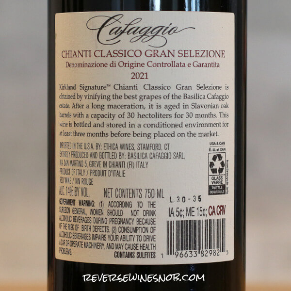 2021 Kirkland Signature Chianti Classico Gran Selezione Back Label